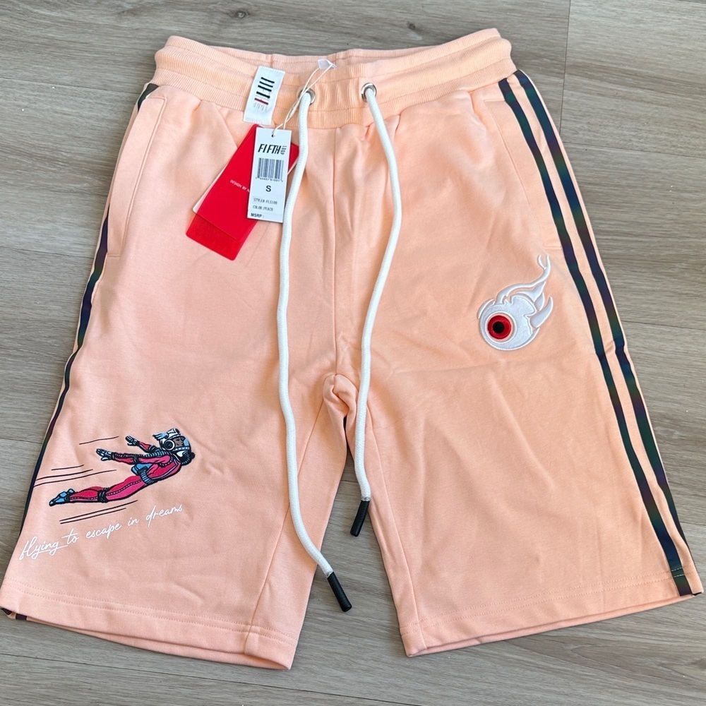 Peach Graphic Drawstring Shorts by fifth loop